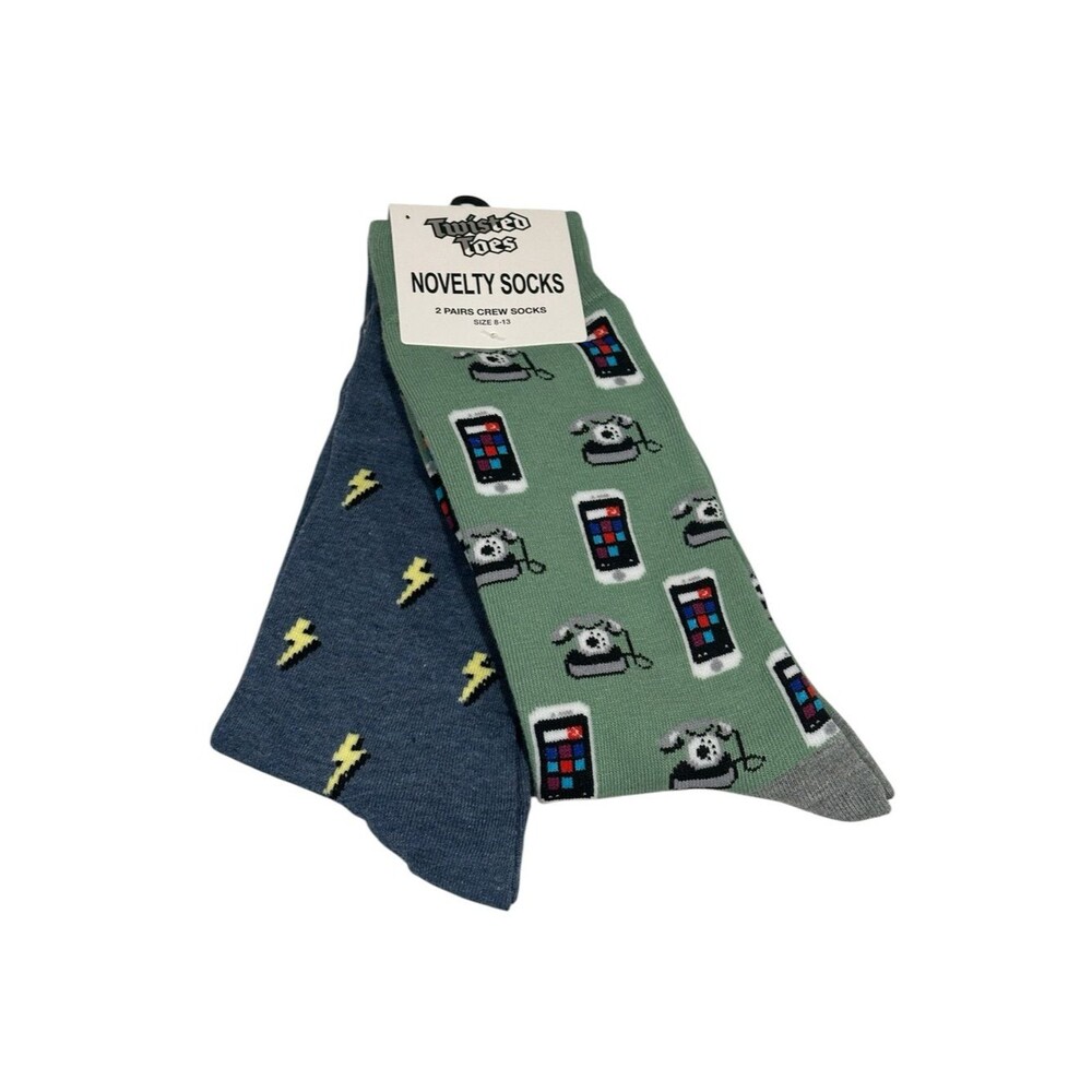 Twisted Toes Crew Socks Mens 8-13 NEW 2 Pair Cell Phones Lightning Bolts